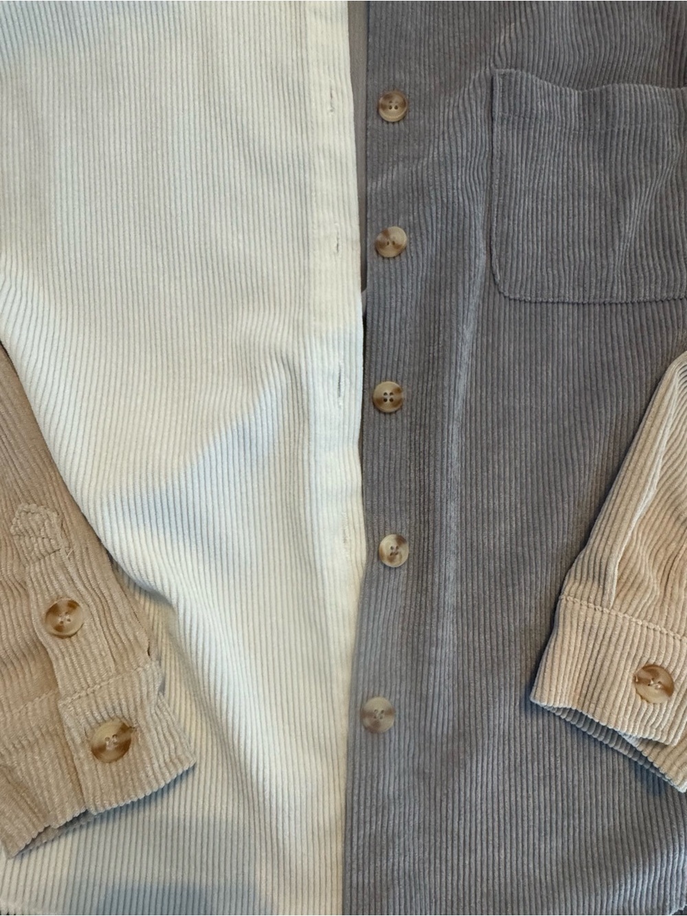 Two-Tone Corduroy Button-Up Shacket in Light Purple, Beige & Gray - Picture 3 of 5